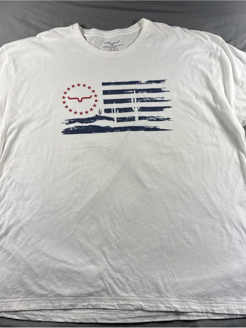 Kimes Ranch Mens XL White Graphic T-Shirt Western Desert Flag Saguaro Cotton Tee